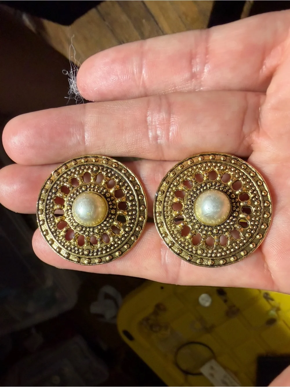 Vintage Gold -Tone Filigree Round Clip Earrings with Pearl Center